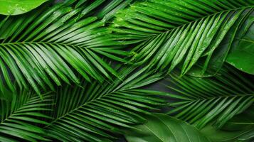 Lush Green Tropical Palm Leaves with Dew Drops Exotic Foliage Background Texture photo
