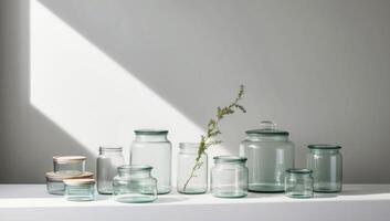 Reusable glass jars and containers providing efficient zero-waste storage options for an environmentally friendly home photo