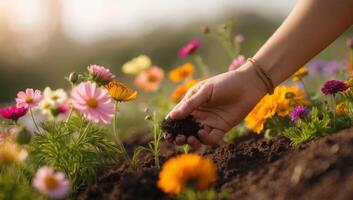 Hands gently planting vibrant wildflowers, adding bursts of color to the soil while creating a haven for pollinators. photo