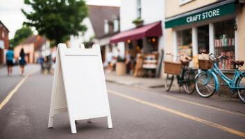 White sandwich board standing empty on a peaceful street in a quaint small town. Nearby, a craft store, bicycles, and trees add charm, with blurred figures in the distance. photo