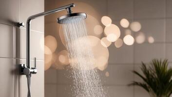 Water-efficient showerhead installed in a bathroom, neutral color palette, eco-friendliness. photo
