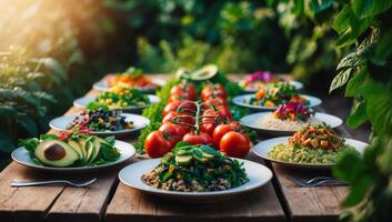 A spread of vibrant vegan dishes on a wooden table, surrounded by greenery, reflecting the vitality and eco-consciousness of a plant-based lifestyle. photo
