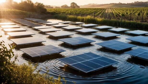 Floating solar arrays on lakes efficiently converting sunlight into renewable energy, offering a sustainable solution for clean power generation. photo