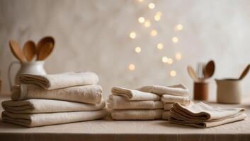 Stack of towels and napkins, replacing disposable paper products for an eco-friendly lifestyle, sustainability, used in a kitchen photo