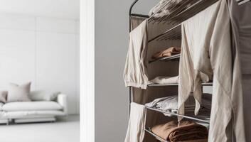 Air-drying clothes on a drying rack as a sustainable alternative to dryers, conserving energy in a green home photo