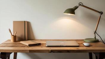 A sleek, minimalistic home office setup featuring eco-friendly supplies, sustainable furniture, and a calming, clutter-free environment. photo