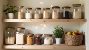 Rustic wooden shelves display an array of glass jars in a zero-waste pantry, celebrating minimalism and a commitment to sustainability. photo