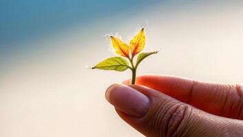 A single wildflower seedling held between fingers, set against a soft blur, representing efforts to nurture pollinators and the environment. photo