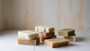 DIY soap bars made from natural ingredients, varied color palette, handmade, light wooden background photo