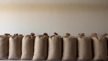 Weathered jute grain sacks lined up in a row, exuding rustic authenticity and depicting the timeless beauty of a bountiful harvest setting. photo