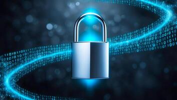 Digital padlock glowing in blue with binary code in electric blue and green, set on a black background, highlighting the future of cyber security. photo