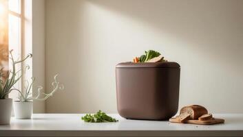 This minimalist kitchen showcases an indoor compost bin for food scraps, seamlessly combining functionality and eco-friendly design for sustainable living. photo