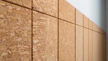 Detailed shot of natural cork wall panels reveals the unique organic patterns and texture of this eco-friendly material designed for soundproofing and insulation. photo