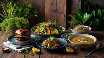 A selection of plant-based vegan meals, including a grilled portobello mushroom burger, fresh quinoa salad with roasted vegetables, and hearty lentil soup. photo