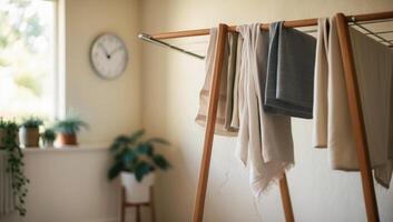 Clothes air-drying on a drying rack instead of a dryer, showcasing energy-saving practices in an eco-conscious home photo