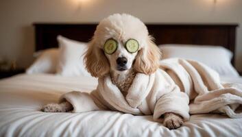 A poodle relaxes on white sheets, dressed in a cozy pink bathrobe with polka dots, cucumber slices on its face adding a spa-like vibe. photo