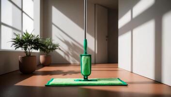 A reusable mop featuring a washable microfiber pad, designed to minimize waste and complement a minimalist, eco-friendly home. photo