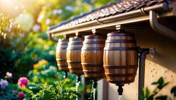 Wooden rainwater barrels gather runoff from a rustic home's gutters, storing water sustainably for eco-friendly garden care. photo