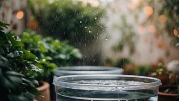 Rainwater-filled containers sparkle in the foreground, with vibrant greenery and a dreamy bokeh effect emphasizing eco-conscious irrigation methods. photo