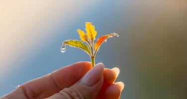 A tender moment of planting as a wildflower seedling rests between thumb and finger, blurred surroundings emphasizing care for pollinators. photo