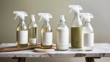 Eco-friendly glass spray bottles contain DIY cleaning products made with natural ingredients like baking soda and vinegar, supporting a sustainable household. photo