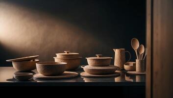 A collection of eco-friendly kitchenware made from rice husk composites, featuring earthy tones that highlight the sustainable materials. photo
