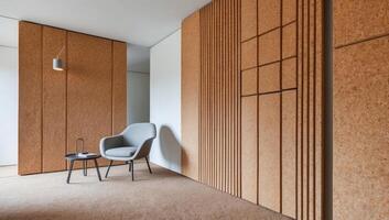 A closeup of natural cork wall panels highlights the organic textures and patterns, showcasing the sustainable material used for soundproofing and insulation. photo