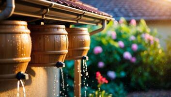 Rustic wooden rain barrels attached to gutters store collected rainwater, blending eco-friendly irrigation with the charm of a countryside home. photo