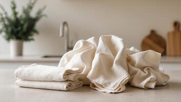 Composition of soft, white cloth towels and napkins, crumpled and folded, eco-friendly alternative to disposable paper products photo