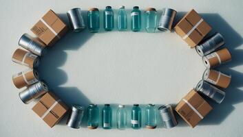Sustainable waste management with recyclable materials like corrugated cardboard, glass bottles, and metallic cans, supporting eco-friendly practices. photo