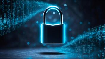 Electric blue and green binary code surround a glowing digital padlock on a black background, illustrating modern cyber security technology. photo