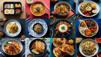 A selection of school lunches reflecting cultural diversity, offering a balance of traditional and modern dishes that highlight the global richness of cuisine. photo