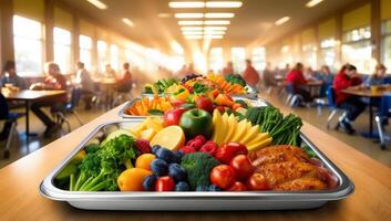 Fresh fruits and bright vegetables fill a school lunch tray, gleaming steel surface set against the lively, bustling cafeteria atmosphere. photo