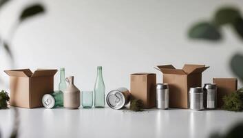 Corrugated cardboard, glass bottles, and metal cans, all recyclable, supporting sustainable practices and responsible waste management. photo