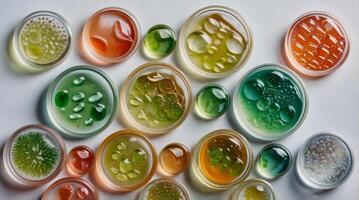Liquid serum gel and microalgae variety arranged in petri dishes, creating a unique pattern on a white background photo