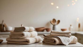 Stack of towels and napkins, replacing disposable paper products for an eco-friendly lifestyle, used in a kitchen, neutral earthy tones photo