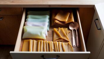 Modern kitchen drawer, organized with a multitude of reusable silicone bags in varied sizes, beeswax wraps in earthy tones. photo