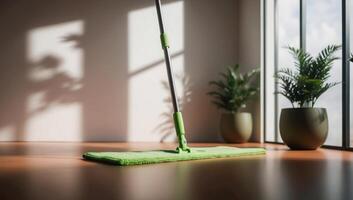 Eco-friendly reusable mop with a durable microfiber pad, ideal for reducing waste and maintaining a clean, sustainable home environment. photo