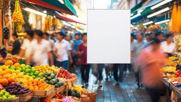 Sunlit street market featuring a large blank advertising banner. Blurred shoppers in the background add movement and energy to the colorful scene. photo