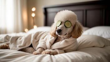 A playful poodle lies on a bed with soft white sheets, wrapped in a pink polka-dot bathrobe, cucumber slices on its face, radiating relaxation. photo