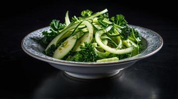 Close-up of thinly sliced green vegetables, arranged in a neat pattern, showcasing their crisp texture and vibrant hue. photo