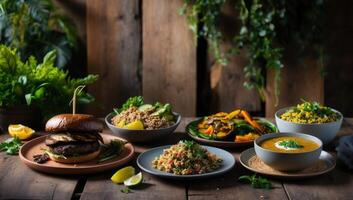 Vegan dishes featuring a grilled portobello mushroom burger, vibrant quinoa salad with roasted vegetables, and a warm, satisfying lentil soup. photo