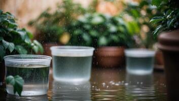 Transparent containers brimming with rainwater sit amidst lush greenery, softened by a bokeh effect, representing sustainable garden irrigation efforts. photo