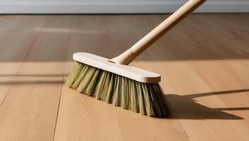 A wooden broom with biodegradable bristles maintaining a hardwood floor, emphasizing eco-friendly and plastic-free cleaning practices. photo