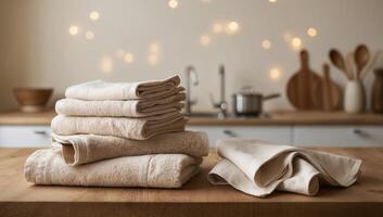 tack of soft cloth towels and napkins, replacing disposable paper products for an eco-friendly lifestyle, beige, gray, and white photo