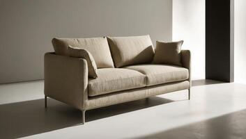 Upholstered with eco-friendly hemp fabric, this elegant sofa is displayed in a minimalist interior, showcasing its natural texture and sustainable charm. photo