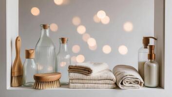 Eco-friendly cleaning tools with natural bristles are carefully arranged, replacing synthetic options and promoting a more sustainable cleaning routine. photo
