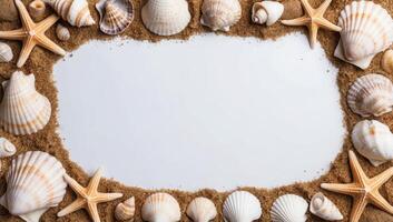 Natural beach elements like seashells, starfish, and sand frame a clean white background, perfect for a coastal-inspired design. photo