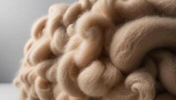 A close-up view of wool insulation fibers with a fibrous, curly texture, showcasing the eco-friendly and energy-efficient benefits for sustainable home construction. photo