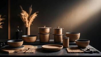 Eco-friendly kitchenware crafted from innovative rice husk composites, showcasing the earthy tones of these sustainable materials. photo